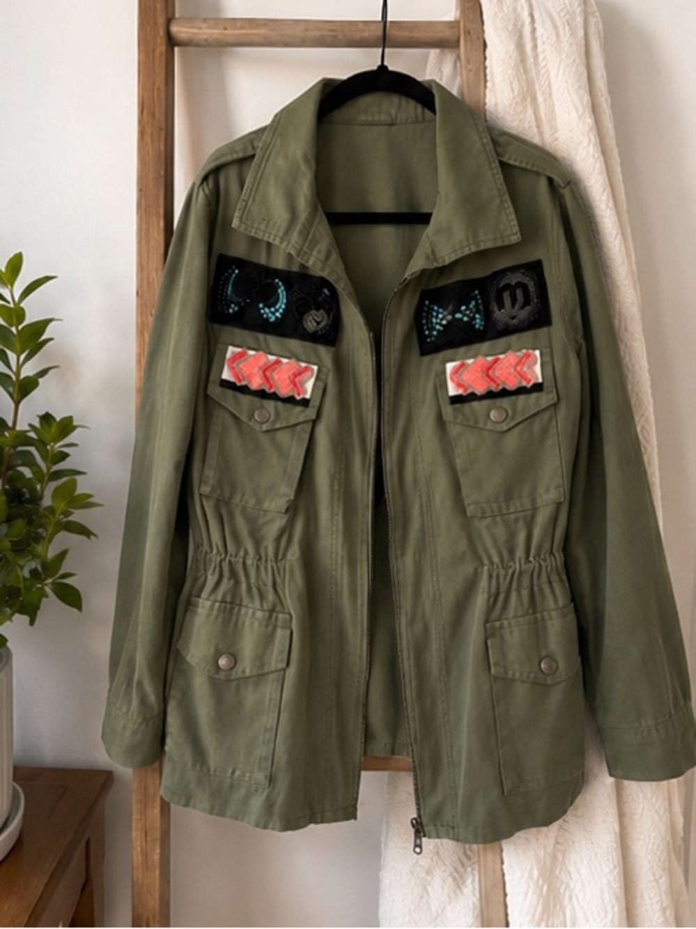 Olive Embellished Utility Jacket Small Beaded Military Style